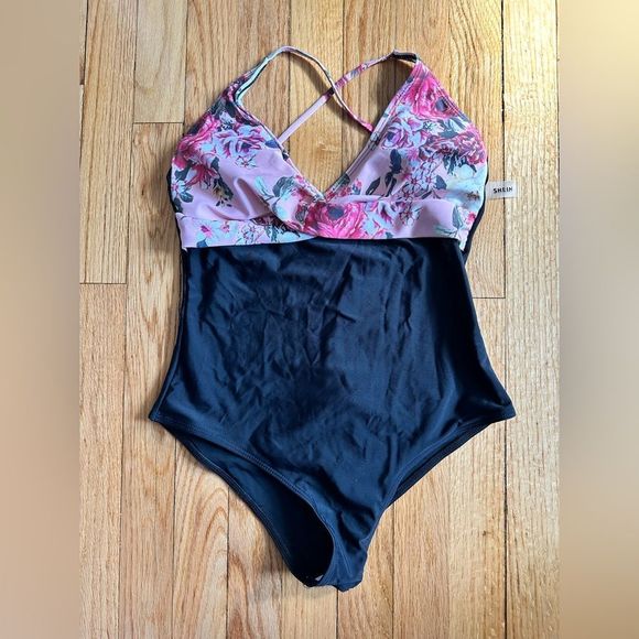 One-Piece Black and Floral Crossback Swimsuit - Picture 1 of 5